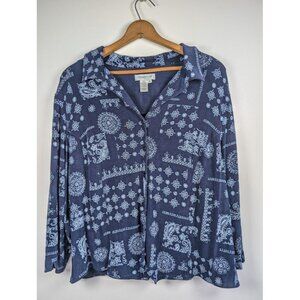 BOHO Navy Blue Patterned Button-Front Blouse